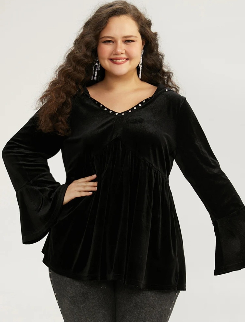 BloomChic Black Velvet V-Neck Peplum Tunic with Stud Accents